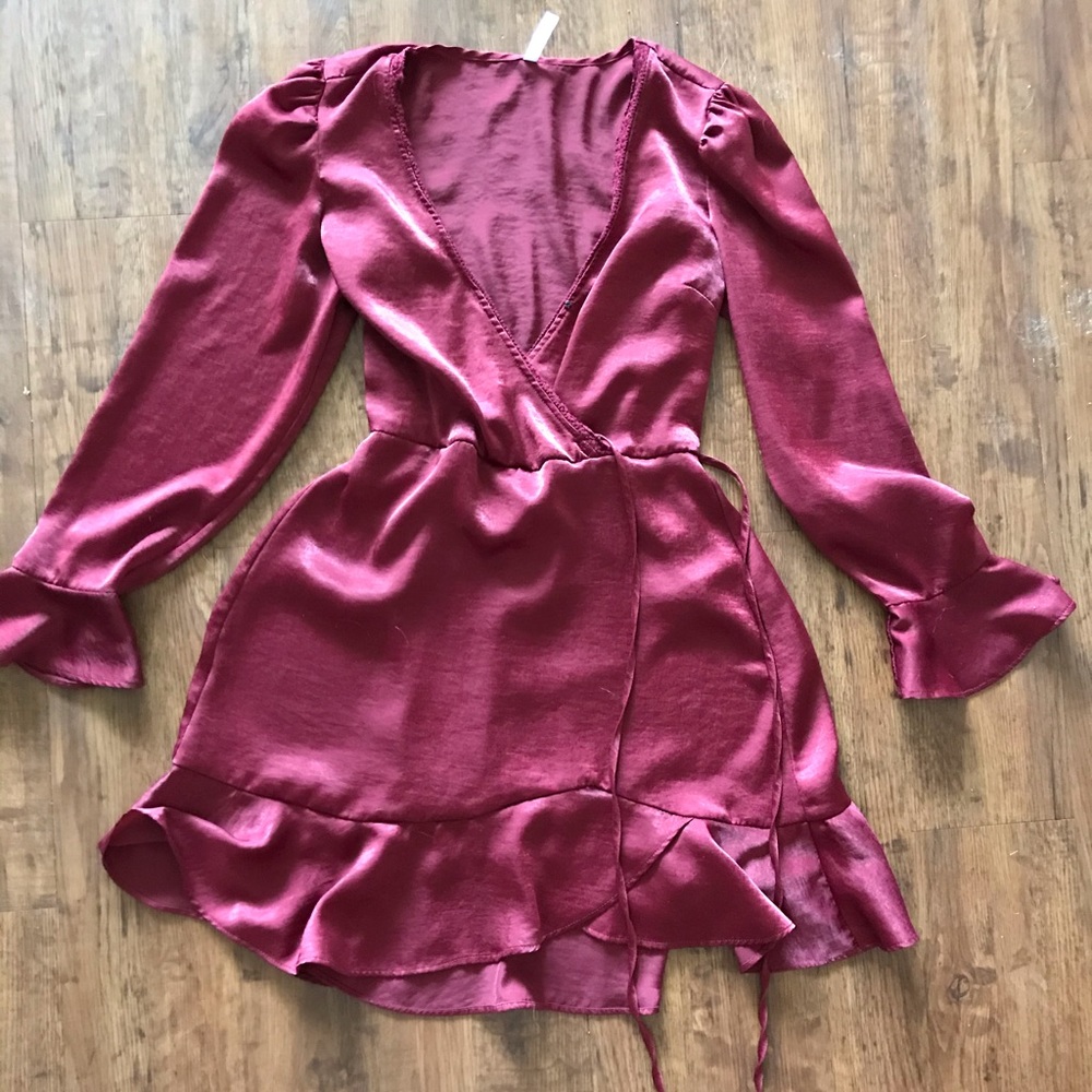 burgundy satin wrap dress